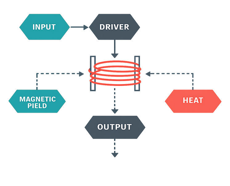Coil Diagram , , , (teal, charcoal, coral) Lines: bold clean stroke width, fully transparent