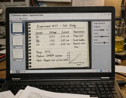 Analysis software window on researcher laptop showing research notebook handwritten data, equipm, cluttered desktop, other